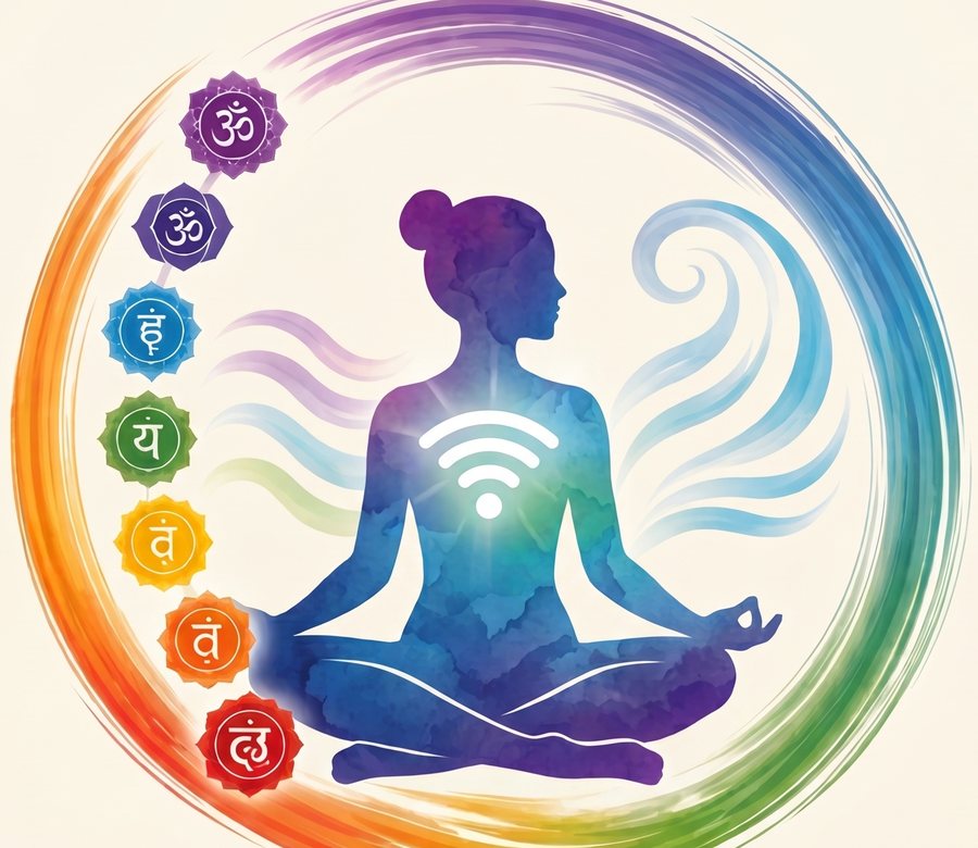 Emblema de Conecta tu WIFI interior: silueta en meditación con un símbolo de WiFi en el pecho, dentro de un círculo de acuarela